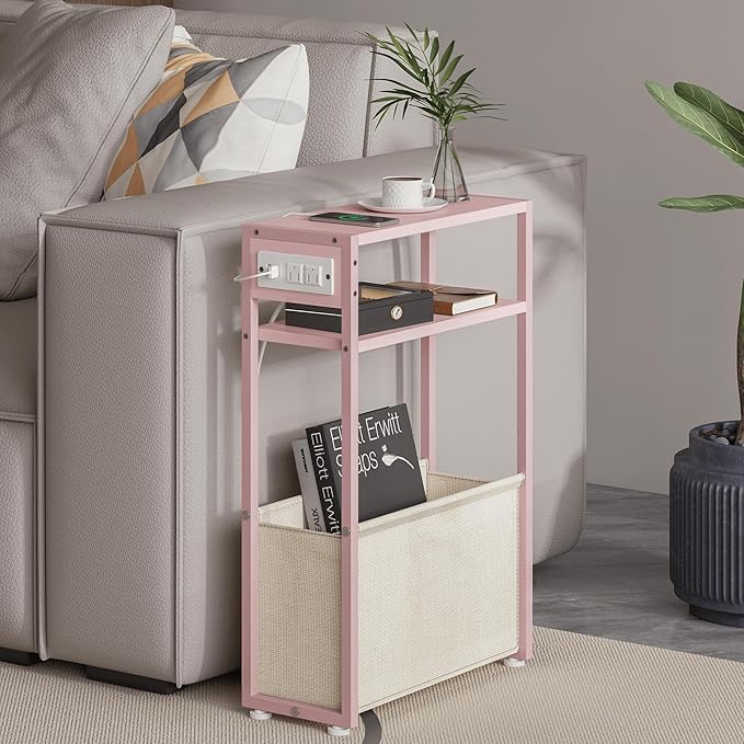 Pink Side Table with Charging Station, Slim End Tables with Linen Basket, Skinny Table for Small Spaces, Thin Bedside Table for Living Room, Bedroom