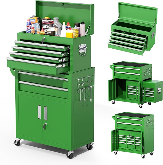 Greenvelly Tool Chest, 8-Drawer Rolling Tool Chest with Hooks and Lockable Wheels,Metal Storage Detachable Top Tool Box with Lockable Wheels for Garage,Workshop,Art Studio(Green)