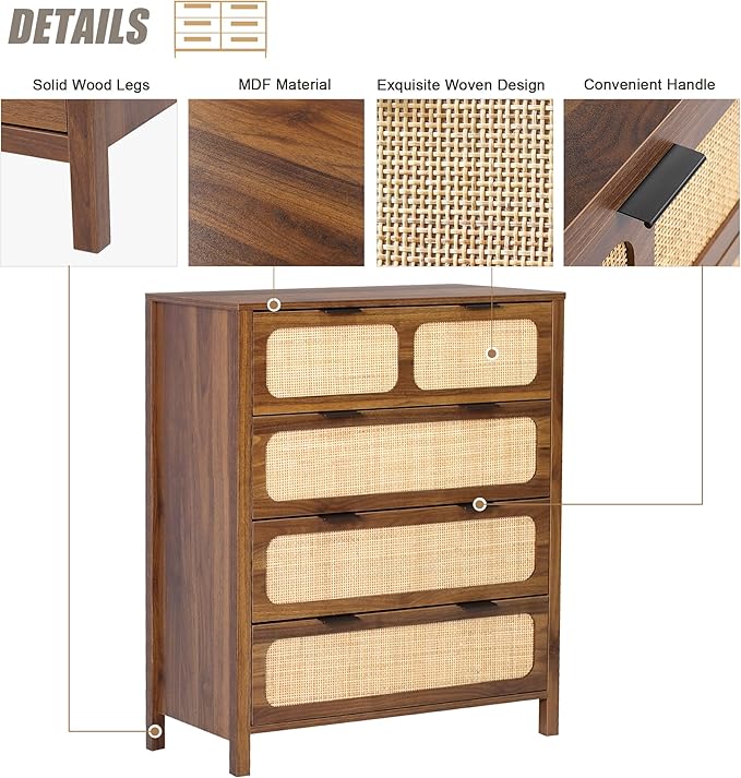 4 Drawer Dresser with Rattan Finish, Modern Farmhouse Chest of Drawers with Metal Handles, Accent Wood Storage Cabinet for Bedroom, Living Room (Walnut-4 Drawers)