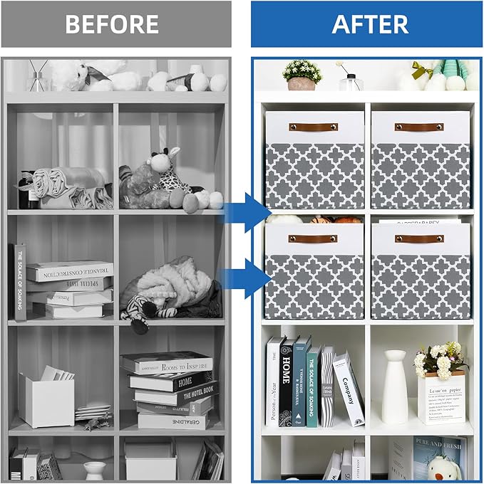 Temary 12x12x12 Fabric Storage Bins 4 Pack with Leather Handle, Foldable Cubes Storage Box Baskets for Closet, Shelf (White&Lattice)