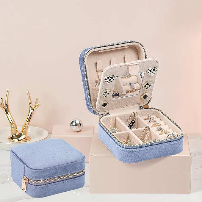 Dajasan Velvet Travel Jewelry Box, Mini Travel Jewelry Case, Small Portable Travel Jewelry Organizer Box with Mirror for Women Girls (blue), 3-layer