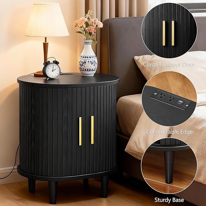 Nightstands Set of 2 & Charging Station, Fluted Accent Side Table with Sliding Door & Adjustable Shelf, Mid-Century Modern End Table for Small Space, Living Room, Bedroom (2, Black)