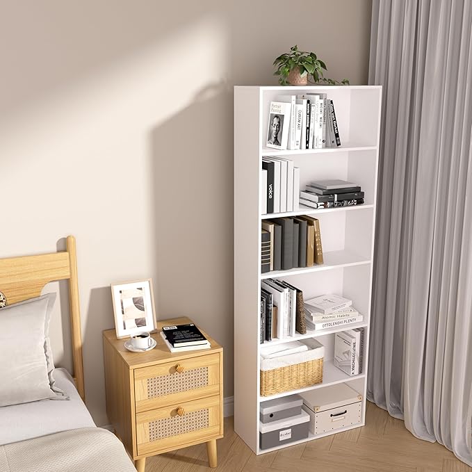6 Tier Book Shelf，Wooden 6 Cube Storage Organizer,6 Tier Low Bookcase Storage Display Organizer, 64 Inch Versatile Cubes Shelf and Cubby Unit for Any Space (White, 6 Cube-W(23.6inch)