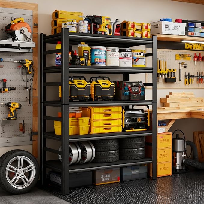 47.2''W*23.6D'' Garage Shelving, 3000lb Heavy Duty Shelving, Adjustable Metal Shelving Garage Storage Shelves 5 Tier Utility Shelf Unit Metal Shelf Rack for Basement Industrial Black