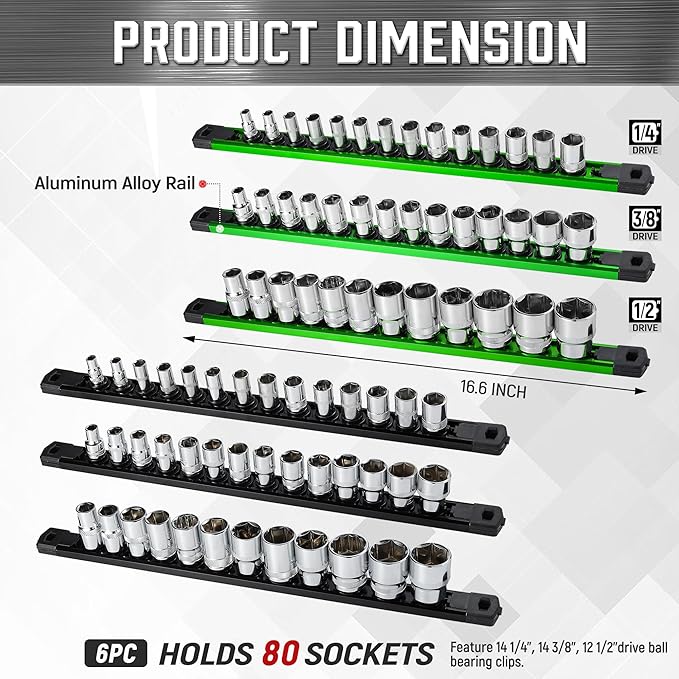 ALOANES 6-Piece Magnetic Socket Organizer, Heavy Duty Aluminum Socket Rails Organizer, 360° Swivel Clips Socket Holder Kit for Tool Box, 1/2, 3/8, 1/4-Inch Socket Holder x 80 Clips (Green&Black)