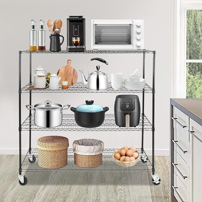 Bepritm 4-Tier Wire Shelving, Heavy Duty Metal Garage Shelving with Wheels, Storage Shelves Load Capacity 120LBS for Warehouse, Pantry (60" W x 24" D x 54" H)