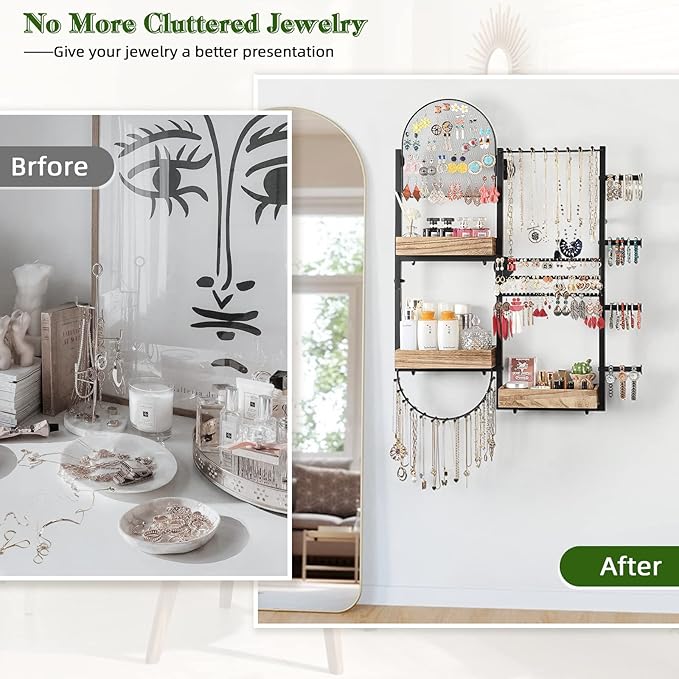 Keebofly Jewelry Organizer - Large Wall Mount Hanging Jewelry Holder Display for Earrings, Rings, Necklaces, Bracelets, Makeup, Perfume & Watches