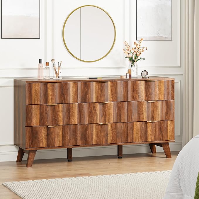 9 Drawer Dresser, Modern Fluted Storage Dresser with Deep Drawers and Metal Handles, Wood Chest of Drawers Storage Organizer for Bedroom, Living Room, Hallway (Walnut)