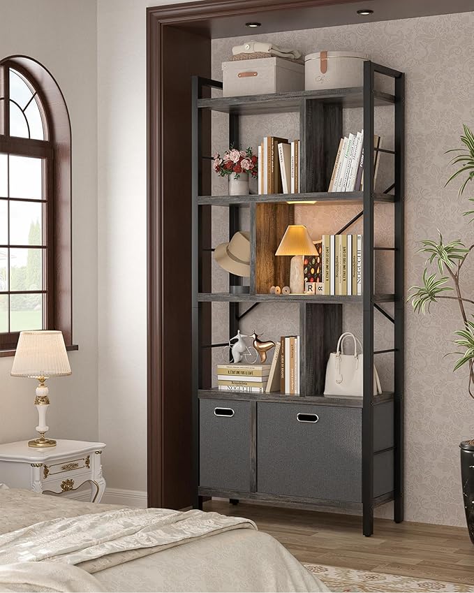 Armocity Bookshelf with Drawers - 5 Tier Tall Bookcase Geometric Modern Book Shelf Display Standing Bookshelves with Storage for Living Room, Bedroom Home Office, Grey Oak