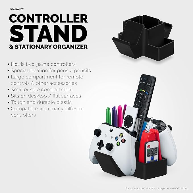 BRAINWAVZ Dual Game Controller, TV Remote Control & Stationary Storage Desktop Organizer Holder, Universal Design for Xbox ONE PS5 PS4 PC Gamepads, Reduce Clutter (D03)