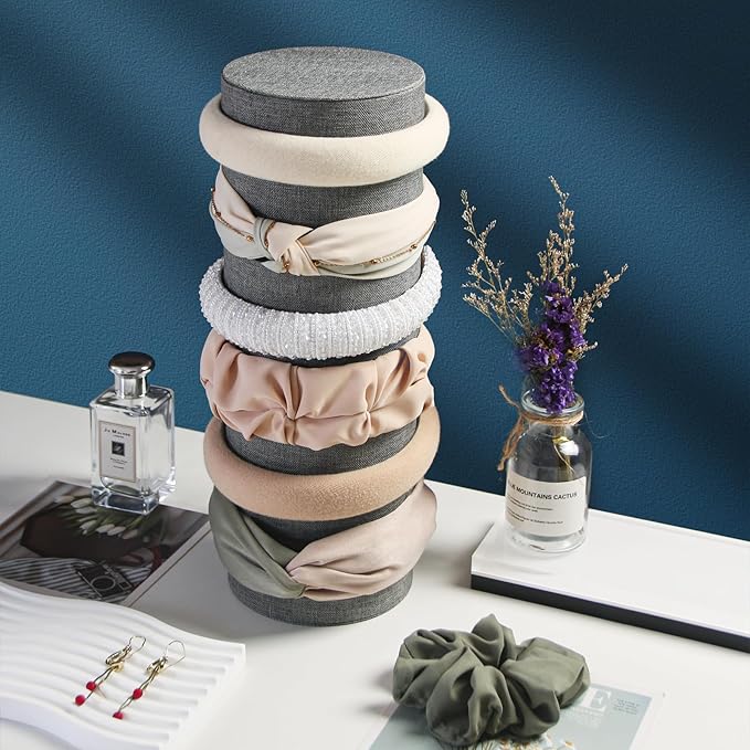 Velvet Headband Holder Organizer, Tower Hair Band Stand Display, Headbands Accessories Jewelry Storage for Girls Bedroom Desk (Gray Linen)