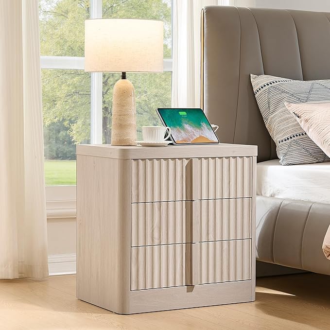 23.6" Nightstand with Charging Station, Side Table with 3 Large Storage Drawers, Mid Century Modern Night Stand with Solid Wood Handle, Bedside End Table for Bedroom, Living Room, Closet