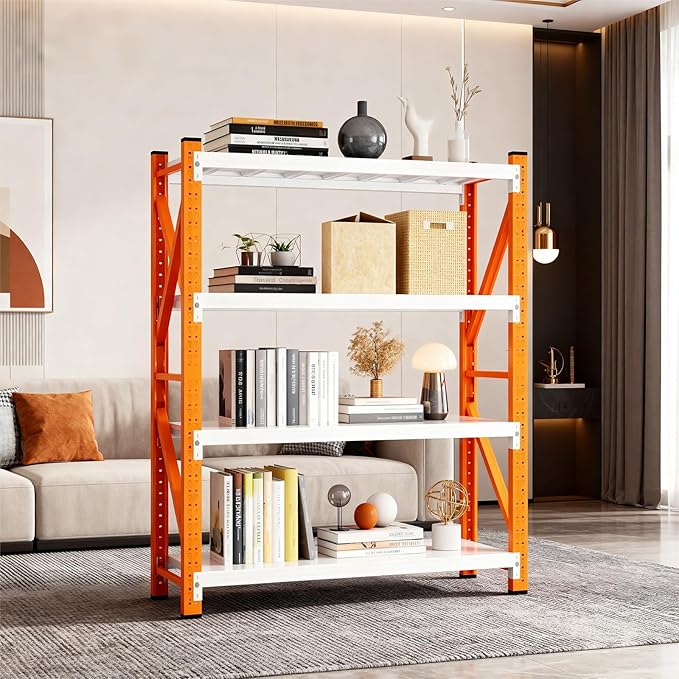 79" H Garage Shelving,3500LBS Heavy Duty Storage Rack,4 Tiers Metal Storage Rack Shelf, Adjustable Shelving Unit for Garage,Kitchen,Warehouse,Basement,78.7" H x 47.2" W x 19.6" D,Orange&White