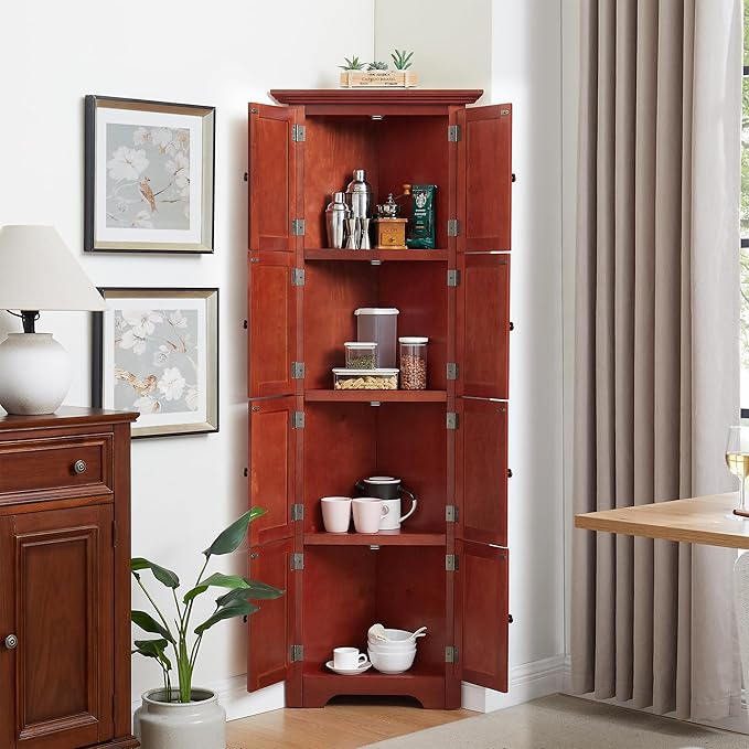 72" H Farmhouse Corner Storage Cabinet with 8 Doors & 4 Shelves, 4 Tier Kitchen Corner Pantry Cabinet Wooden Organizer Case Bookshelf, Home Space Saver Cabinet for Kitchen,Living Room(Cherry)