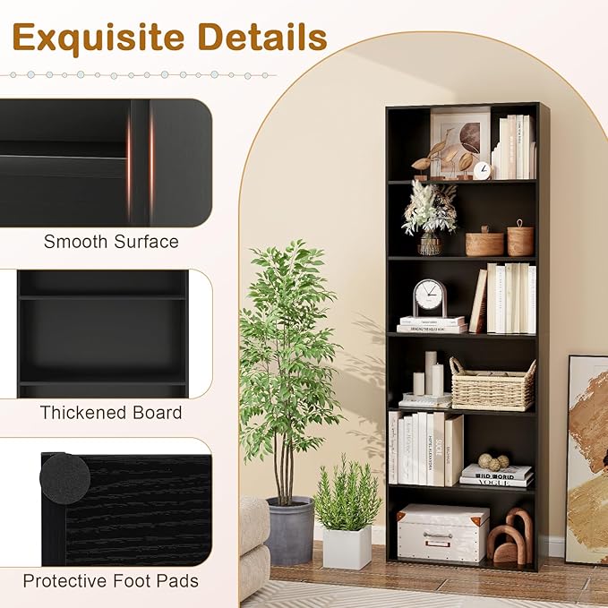 Tangkula 6-Tier Bookcase, 70” Tall Freestanding Bookshelf with 6 Open Shelves, Anti-Toppling Kits, Floor Display Storage Organizer for Living Room, Study, Kitchen, Home & Office (Black, 70" H)