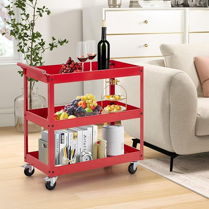Goplus 3-Tier Utility Cart, Heavy Duty Commercial Service Tool Cart w/Lockable Wheels, 330lbs Load Capacity, Ergonomic Handle, Rolling Mechanic Tool Cart Storage Organizer for Warehouse Garage Red