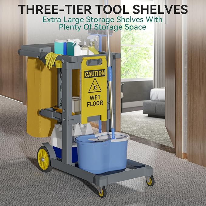 YITAHOME Janitorial Cart, Cleaning Carts on Wheels, 3-Shelf Commercial Traditional Plastic Housekeeping Cart, with 2 Yellow 25 Gallon Vinyl Bag and Pair of Rubber Gloves, Gray