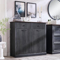 Modern Double Tilt-Out Laundry Hamper Cabinet, 20 Gallon Fluted Trash Can Cabinet w/2 Drawers, Wooden Hidden Garbage Can Cabinets w/Laundry Basket, Free Standing for Bathroom and Kitchen, Grey