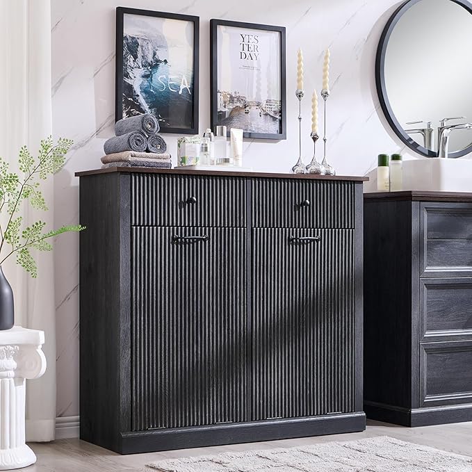 Modern Double Tilt-Out Laundry Hamper Cabinet, 20 Gallon Fluted Trash Can Cabinet w/2 Drawers, Wooden Hidden Garbage Can Cabinets w/Laundry Basket, Free Standing for Bathroom and Kitchen, Grey