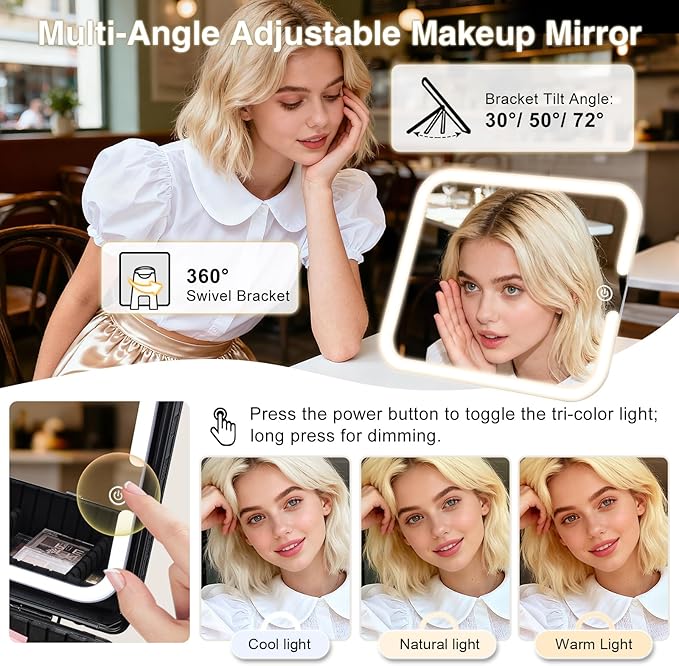 Makeup Case with Magnetic Lighted Mirror 10.15 IN Makeup Organizer Box Travel Cosmetic Case with 3 Colors LED Mirror Portable Vanity Make up Suitcase with Dividers Brush Holder Lock Black Checkerboard
