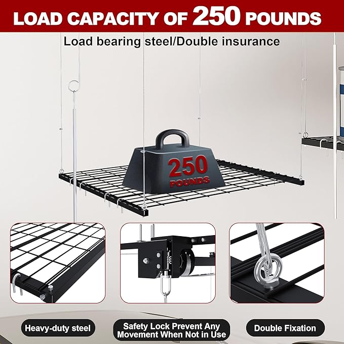 4x4FT Overhead Garage Storage Rack for High Ceilings 10-12 FT, Adjustable Garage Organization System, Heavy Duty Ceiling Storage Racks with Safety Lock,250LBS Capacity,Black