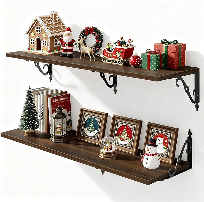Fun Memories 40 Inch Floating Shelves Wall Mounted, 12 Inch Deep Wall Shelves with Bracket, Rustic Hanging Bookshelf, 40" Bookshelves for for Living Room, Kitchen and Bedroom, Walnut, Set of 2
