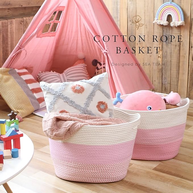 Sea Team Oval Large Cotton Rope Woven Storage Basket with Handles, Diaper Caddy, Baby Shower Basket, Nursery Nappies, Clothes Toys Organizer for Kid's Room, 16 x 13 inches, White & Mottled Pink