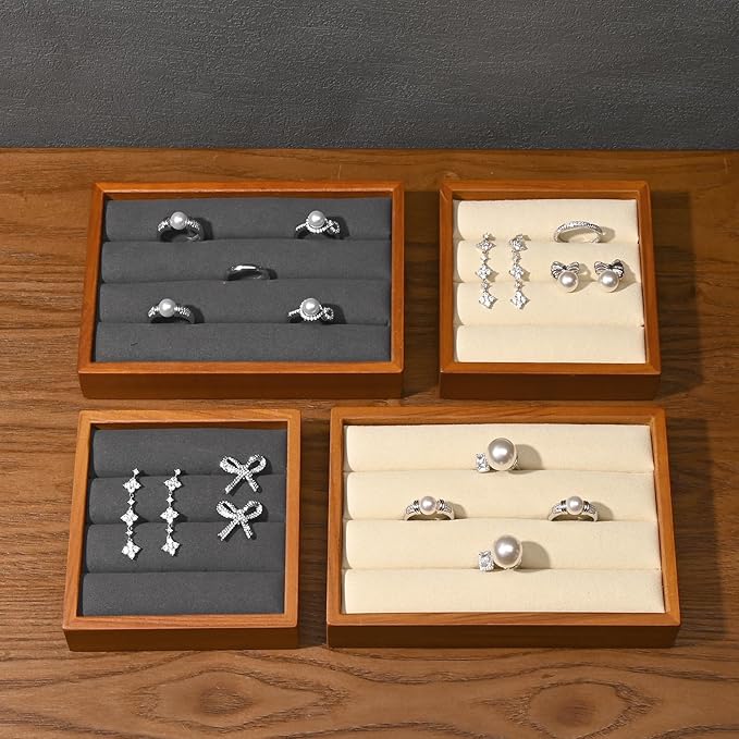 Solid Wood 3-Slots Jewelry Ring Display Tray Showcase Small Jewelry Display Organizer Tray for Rings(M,Beige)