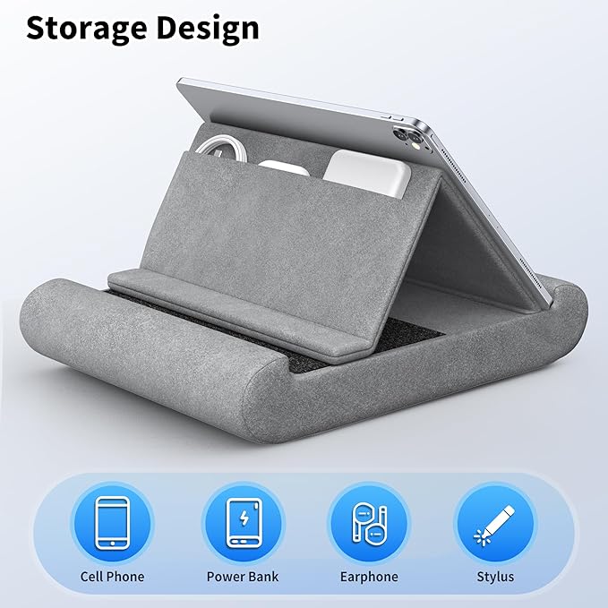 CreaDream Tablet Pillow Stand, Foldable Tablet Holder for Lap, Bed and Desk, Soft Pillow Pad with Pocket and Stylus Mount, for 4-13" Tablets, Like iPad Pro 11, 13, Air, Mini, Kindle, Galaxy Tab, Grey
