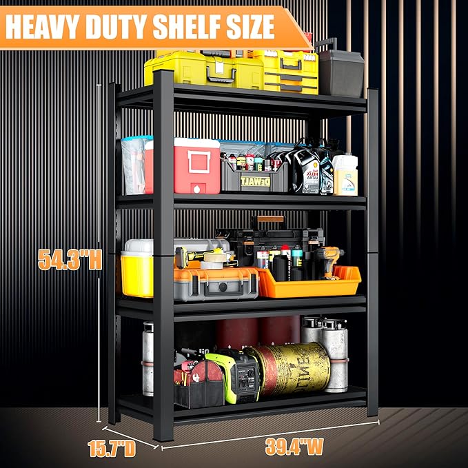 39.4" W Garage Shelving Heavy Duty Metal Shelving 2400LBS Storage Shelves Adjustable 4 Tier Metal Shelves for Storage Industrial Shelves for Garage, Warehouse, 15.7" D x 39.4'' W x 54.3'' H