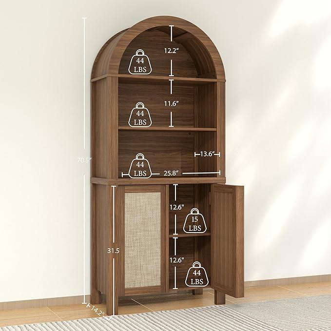 Yechen Arched Bookcase, 70.5" Tall Bookcase with Storage, Mid-Century Modern 5 Tier Bookshelves with Door, Boho Rattan Bookshelf for Living Room Kitchen Office Bedroom Library, Dark Walnut,3 PCS