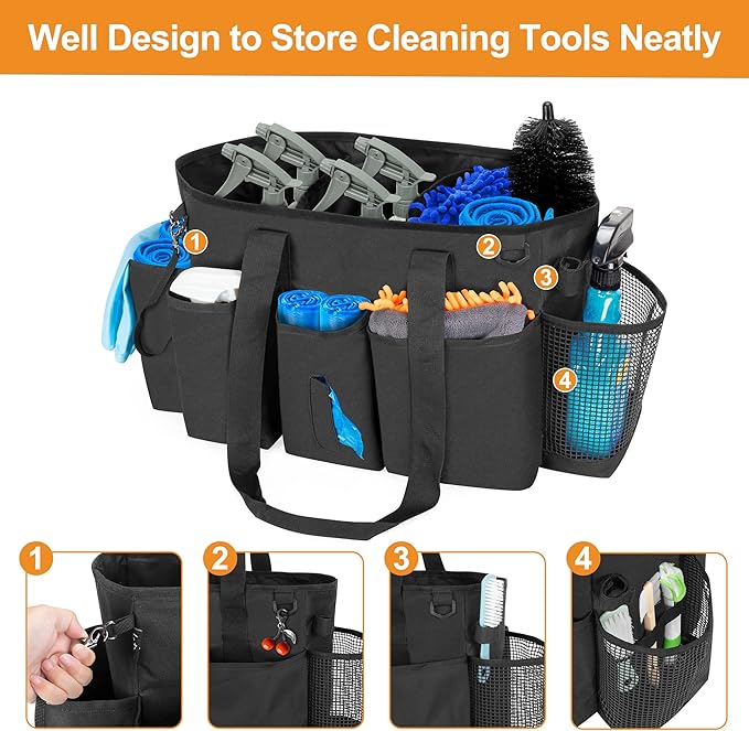 LoDrid Professional Cleaning Tote Caddy for Cleaning Supplies, Cleaning Bag Organizer with Dividers and Handle Strap for Housekeepers Work, Black, (Bag Only)