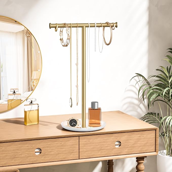 Gold Necklace Organizer Stand with Storage Tray - 12.6" Tall T-Shaped Jewelry Holder Stand for Bracelets, Earrings, Rings | Stylish Home & Vanity Décor for Women.