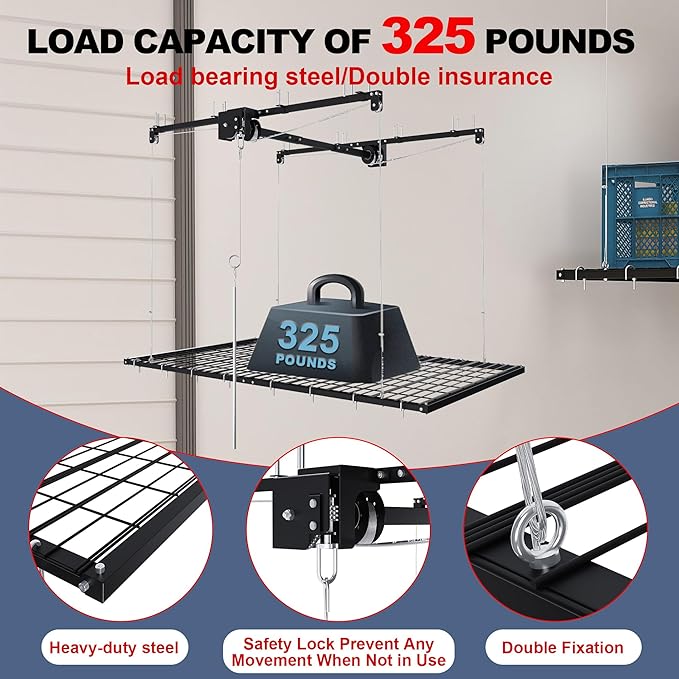 4x8FT Overhead Garage Storage Rack for High Ceilings 10-12 FT, Adjustable Garage Organization System, Heavy Duty Ceiling Storage Racks with Safety Lock,325LBS Capacity,Black