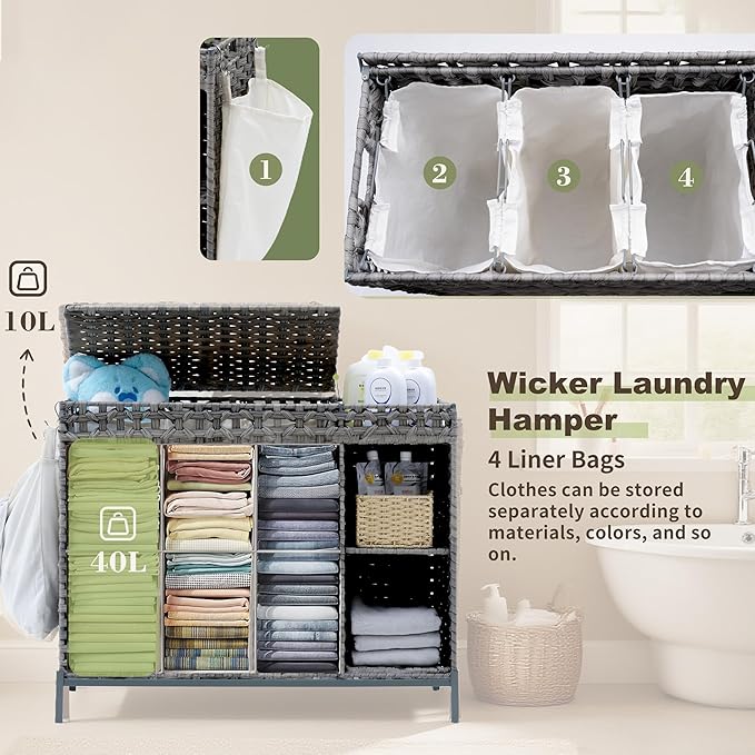 Laundry Hamper with Lid, 130L (34.4 Gal) Rattan Laundry Hamper 3 Section with 50L(13.2 Gal) Storage Shelf, Wicker Woven Laundry Sorter Basket with 4 Liner Bags and Handles, Natural GLH003N