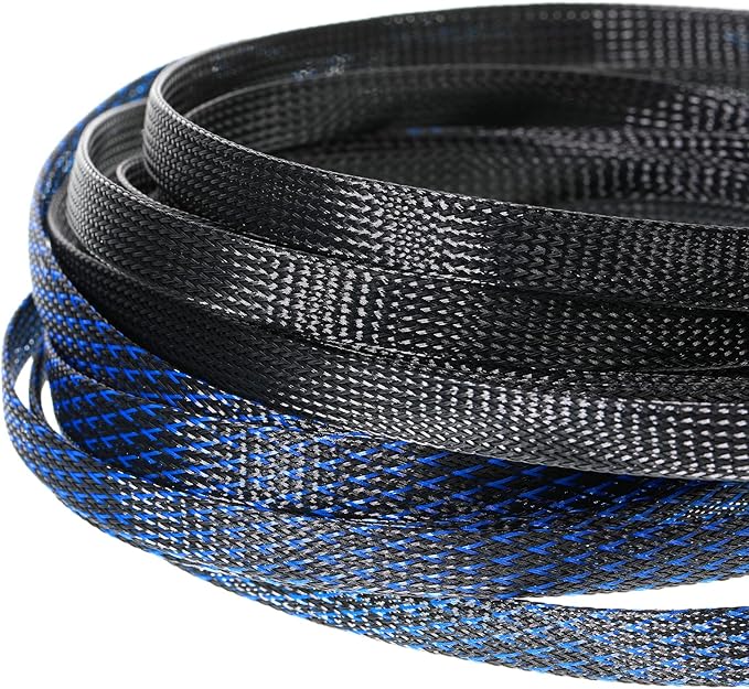 Xuniea 96ft Wire Loom Braided Cable Sleeve Covers Cord Management with 127 Pcs Tube Heat Shrinkable for Audio Video Cable Cord Protectors from Pets(1/4, 1/2, 3/4 Inch,Black and Blue)
