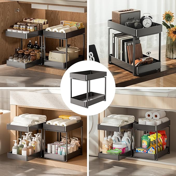 Metal Under Sink Organizerand Storage,2 Tier Pull-Out Cabinet Drawer Shelf Organizer, Bathroom Kitchen Multi-Purpose Under Sink Organizer and Storage Cabinet (Black, 1 PC)