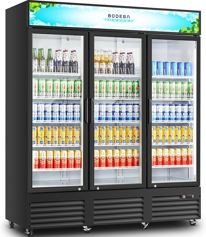 BODEGACOOLER Commercial Merchandiser Refrigerator,3 Glass Door Commercial Beverage Refrigerator, Beverage Display Cooler with Soft LED Light, Adjustable Shelves and 8 Strong Castors, 53 Cu. Ft,Black
