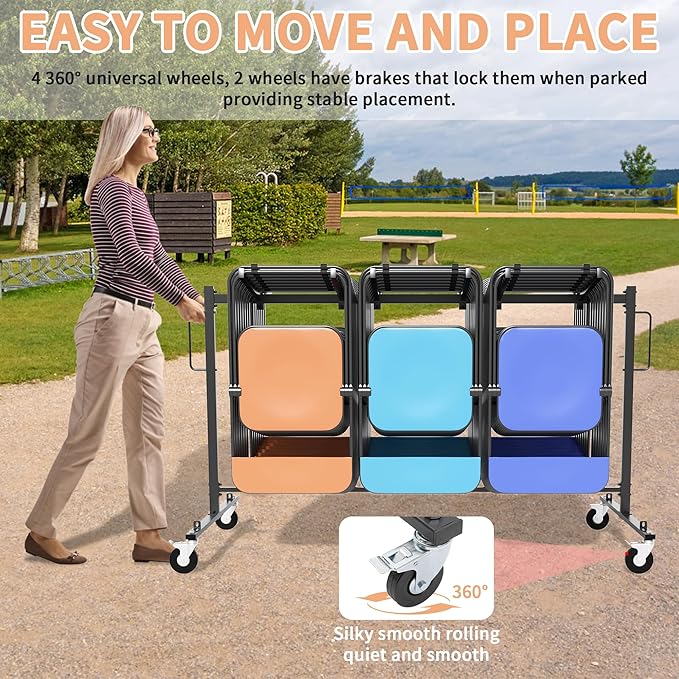 Folding Chair Rack with Wheels, Heavy Duty Steel Chair Cart for 42 Chairs or 12 Tables, Folding Chair Racks for Storage Dolly, Large Chair Holder W/Elastic Cords,Dust Cover (Single Layer)