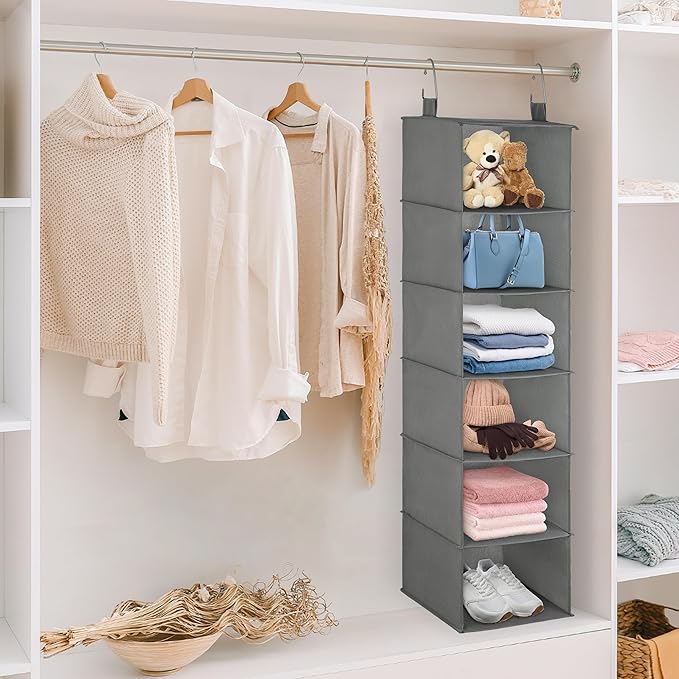 Libeder 6-Shelf Hanging Organizer with Drawers, Closet Hanging Organizers and Storage Shelves with 6 Side Pockets,Hanging Shelves for Clothes, Underwear, Nursery, Closet, RV(Grey)