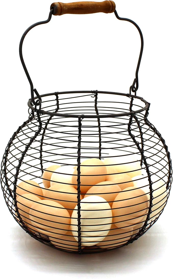 CVHOMEDECO. Antique Wire Egg Basket with Wood Handle Primitives Vintage Gathering Basket. Rusty