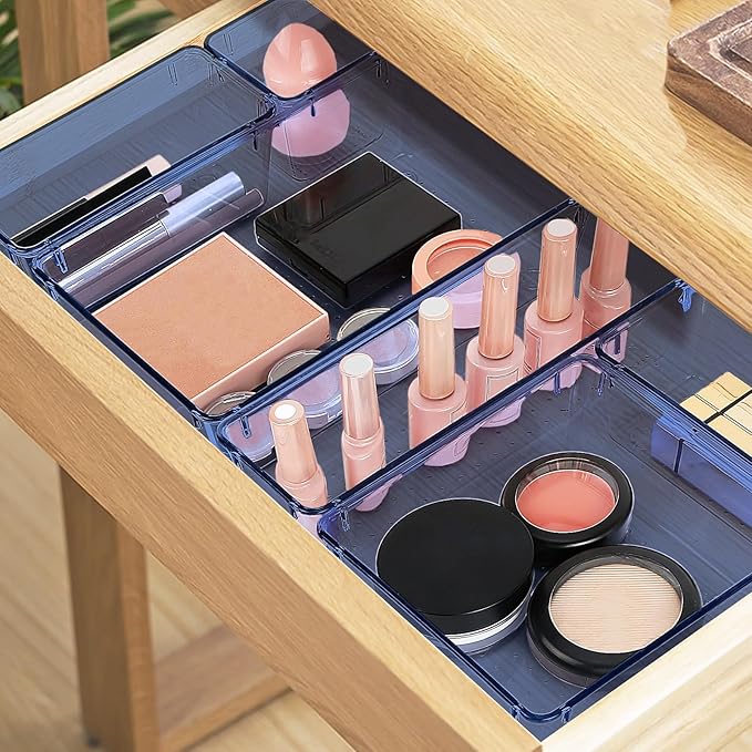 16 PCS Drawer Organizer Set, 5 Varied Size Bathroom and kitchen Drawer cabinet organizer Trays, Clear Storage Bins for Makeup, Jewelry, Utensils and Gadgets,Dark Blue