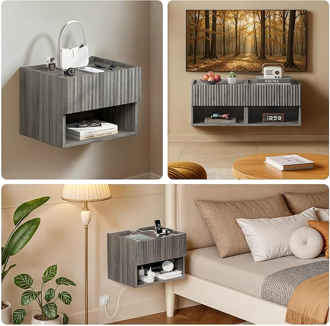 Floating Nightstand Bedroom Bedside Table - Floating Night Stand Set of 2 with Storage Drawer, Wood Morden Wall Mounted Bedside Tables for Dorm Hallway Entryway