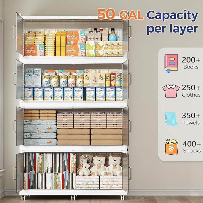 200 Gallon Extra Large Collapsible Storage Bin with Lid, 960QT Stackable Plastic Organizer with 6x Wheels, Foldable Drawer Cabinet for Closet, Living Room Office, Kitchen 4Pack, White