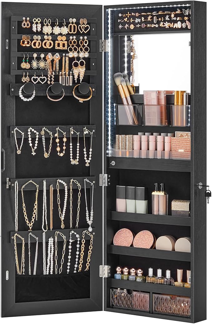 SONGMICS Jewelry Cabinet Armoire Organizer with LED Lights, Wall-Mounted Storage Cabinet with Full-Length Frameless Mirror, Built-in Makeup Mirror, 2 Drawers, Lockable, Christmas Gift, Black