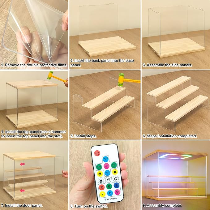 NONEMEY Clear Acrylic Display Case with Light ,3/4/5/6 Tier Multiple Color Lights via Remote Control Dustproof Display Box for Collectibles Figures Mini Toys (5Tier 12.4*12.2*12inch )