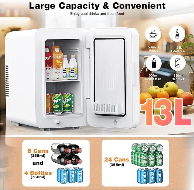 13L/22L Mini Fridge for Bedroom, Non-condensing Small Skincare Fridge, 110V/12V Portable Refrigerator Cooler & Warmer for Drinks, Food, Beauty, Makeup, Dorm, Car, Office