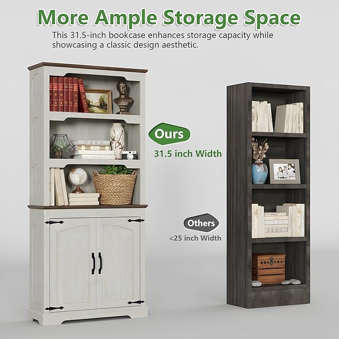 70 Inch Farmhouse Bookcase, Distressed White and Walnut Two-Tone Shelves, 5 Tier Bookshelf with Arched Trim Doors, Living Room Storage Cabinet Unit, 31.5x11.8 Inches (Off White&Walnut, Doors Storage)