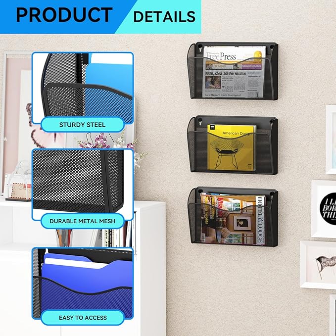 3 Single Pocket Wall File Holder, Mesh Hanging File Folder Paper Organizer, Vertical Wall Mounted Mail Basket, Storage Organization Magazine Rack for Office, Home and School, Black