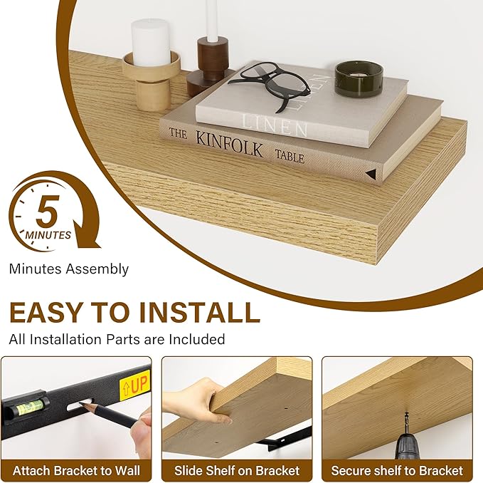 Fun Memories 55 Inch Floating Shelves for Wall 2 Pack Shelves for Bedroom|Kitchen|Bathroom Wall Mounted Rustic Wood Floating Shelf with Invisible Brackets for Books|Storage|Decor, Oak